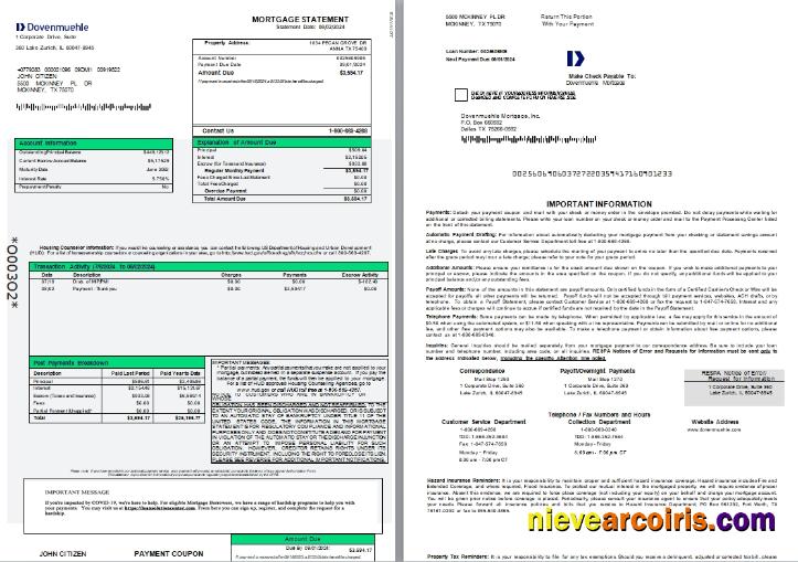 USA Dovenmuehle mortgage statement, 3 pages 1-2